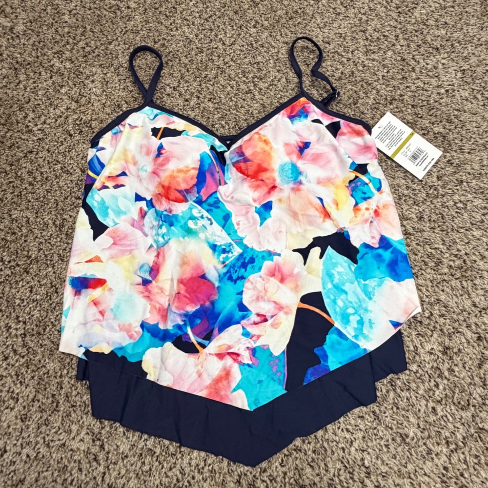 Maxine of Hollywood Floral Tiered Flyaway Tankini Top Navy Multi Size 14 NWT